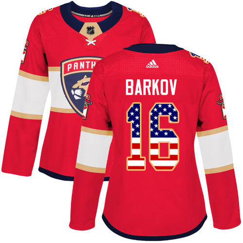 Adidas Panthers #16 Aleksander Barkov Red Home Authentic USA Flag Women's Stitched NHL Jersey - Click Image to Close